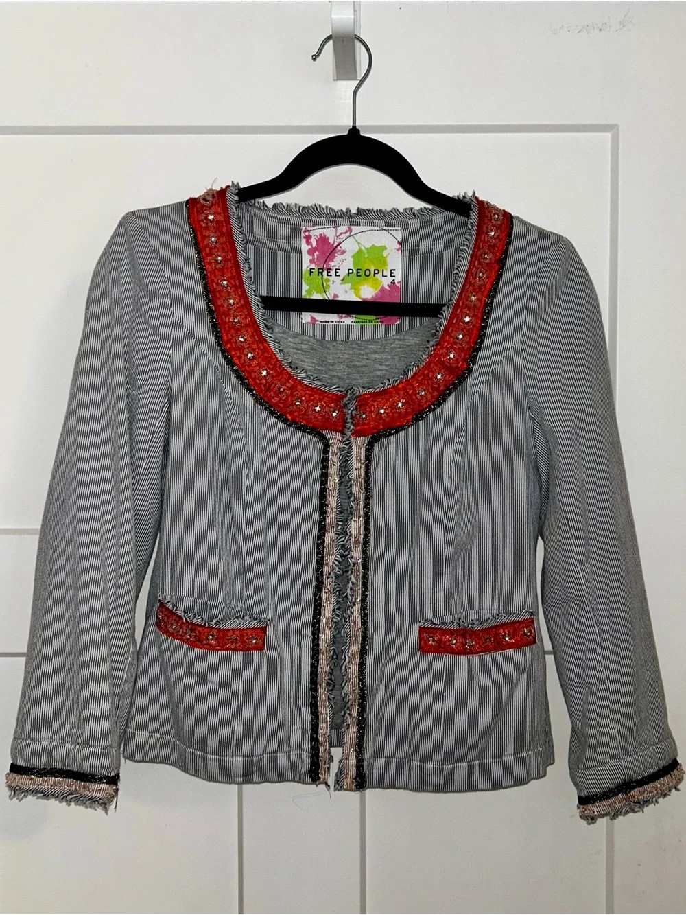 Free People “My Fair Lady” Blue Pinstripe Jacket with Pumpkin Embroidered Trim